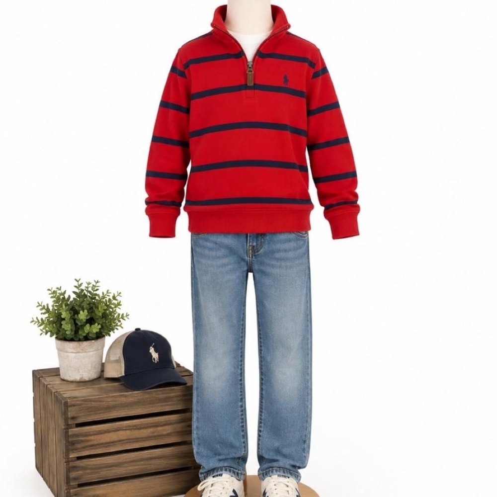 Polo Ralph Lauren Red & Navy Striped Quarter Zip Pullover Kids Size M 10-12
